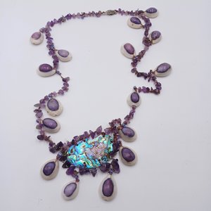 Vintage  Purple Top Cowrie Shell, Amethyst and Abalone Artisan Necklace OOAK
