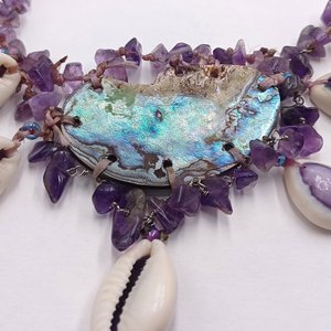 Vintage  Purple Top Cowrie Shell, Amethyst and Abalone Artisan Necklace OOAK