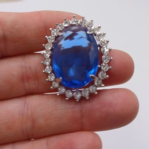 Vintage Rhinestone and Large Blue Glass Jewel Brooch/Pendant