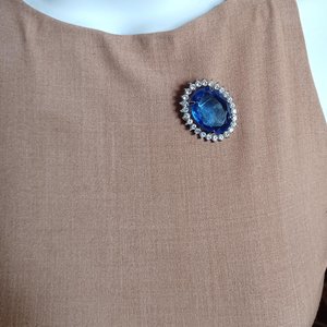 Vintage Rhinestone and Large Blue Glass Jewel Brooch/Pendant