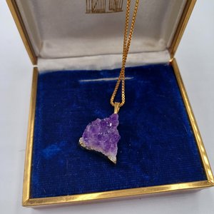 Gold Plated Purple Triangle Druzy Crystals Chunk Pendant and Gold Tone Box Chain Necklace