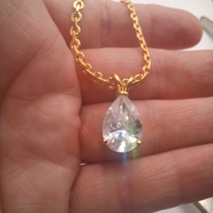 Huge Gold Plated Teardrop Cubic Zirconia Pendant  with a fancy Gold Plated Chain Necklace