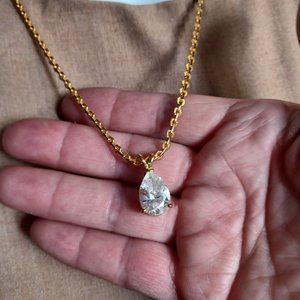 Huge Gold Plated Teardrop Cubic Zirconia Pendant  with a fancy Gold Plated Chain Necklace