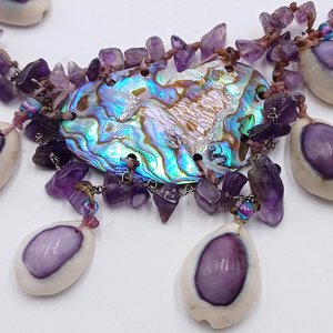 Vintage  Purple Top Cowrie Shell, Amethyst and Abalone Artisan Necklace OOAK