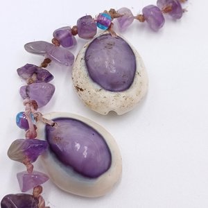Vintage  Purple Top Cowrie Shell, Amethyst and Abalone Artisan Necklace OOAK