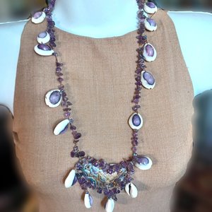 Vintage  Purple Top Cowrie Shell, Amethyst and Abalone Artisan Necklace OOAK