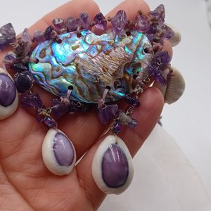 Vintage  Purple Top Cowrie Shell, Amethyst and Abalone Artisan Necklace OOAK