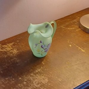 Fenton Green Burmese Hand Painted  Floral Glass Pitcher, Signed, Collectible Glass