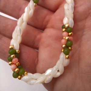 Mother of Pearl Woven Spiral with Coral and Jade Beaded Necklace