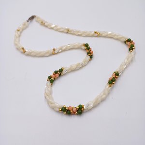 Mother of Pearl Woven Spiral with Coral and Jade Beaded Necklace