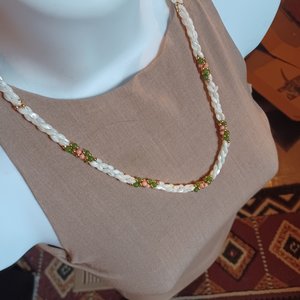 Mother of Pearl Woven Spiral with Coral and Jade Beaded Necklace