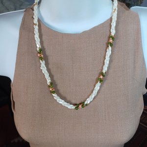 Mother of Pearl Woven Spiral with Coral and Jade Beaded Necklace
