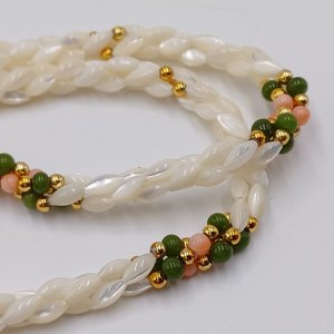 Mother of Pearl Woven Spiral with Coral and Jade Beaded Necklace
