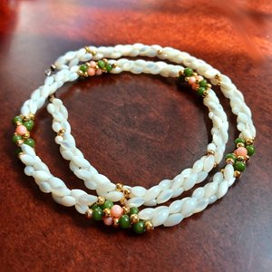 Mother of Pearl Woven Spiral with Coral and Jade Beaded Necklace