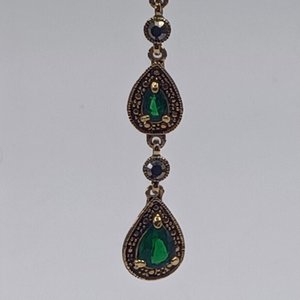 Monet Gold Tone and Dark Green Jewel Link Bracelet and Dangle Earrings Set