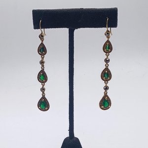 Monet Gold Tone and Dark Green Jewel Link Bracelet and Dangle Earrings Set