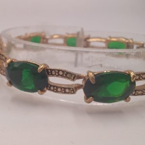 Monet Gold Tone and Dark Green Jewel Link Bracelet and Dangle Earrings Set