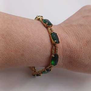 Monet Gold Tone and Dark Green Jewel Link Bracelet and Dangle Earrings Set