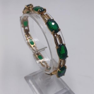 Monet Gold Tone and Dark Green Jewel Link Bracelet and Dangle Earrings Set