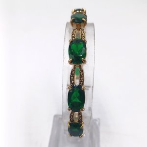 Monet Gold Tone and Dark Green Jewel Link Bracelet and Dangle Earrings Set