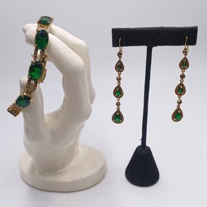 Monet Gold Tone and Dark Green Jewel Link Bracelet and Dangle Earrings Set
