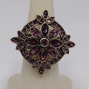 Designer Heidi Daus Bronze Table Top Amethyst Crystals and Small Pink Rhinestones Cocktail Statement Ring Size 6.25