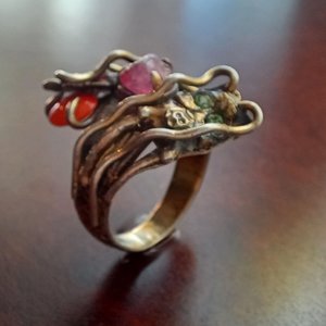 Vintage Chinese Import Double Dragon Sterling Silver Gemstone Ring Size 10.5,