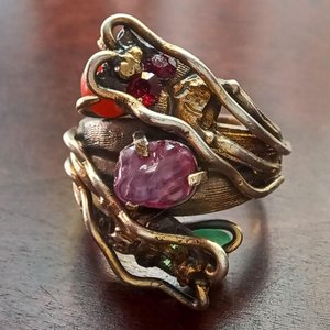 Vintage Chinese Import Double Dragon Sterling Silver Gemstone Ring Size 10.5,