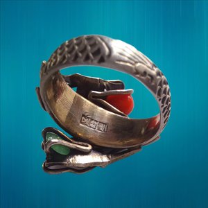 Vintage Chinese Import Double Dragon Sterling Silver Gemstone Ring Size 10.5,