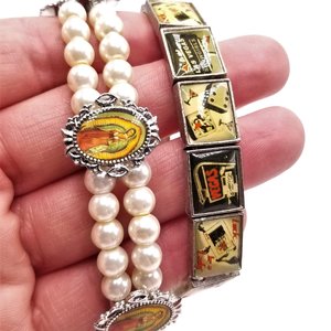 Two Vintage Rockabilly Stretch Bracelets, Faux Pearl and Las Vegas, Retro Bracelets