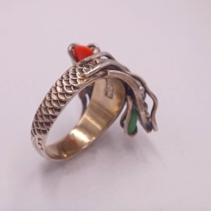 Vintage Chinese Import Double Dragon Sterling Silver Gemstone Ring Size 10.5,