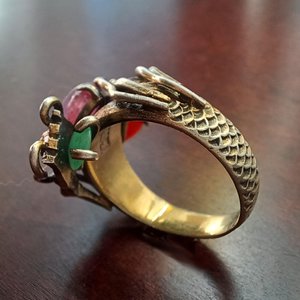 Vintage Chinese Import Double Dragon Sterling Silver Gemstone Ring Size 10.5,