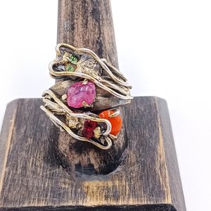Vintage Chinese Import Double Dragon Sterling Silver Gemstone Ring Size 10.5,