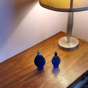 Two Bourjois Cobalt Blue Glass "Evening in Paris" Perfume Bottles with Lids, Vintage