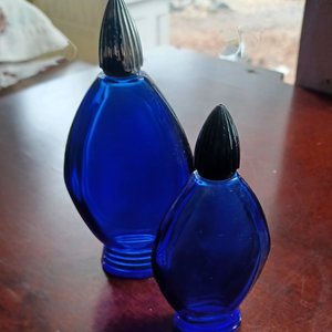 Two Bourjois Cobalt Blue Glass "Evening in Paris" Perfume Bottles with Lids, Vintage
