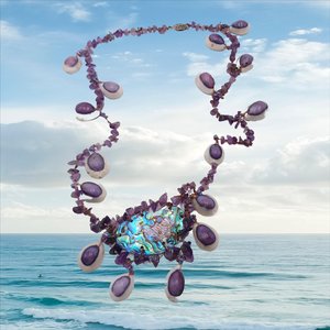 Vintage  Purple Top Cowrie Shell, Amethyst and Abalone Artisan Necklace OOAK