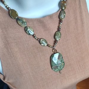 Gorgeous Rhyolite Natural Gemstone Pendant Beaded Necklace, Rainforest Jasper