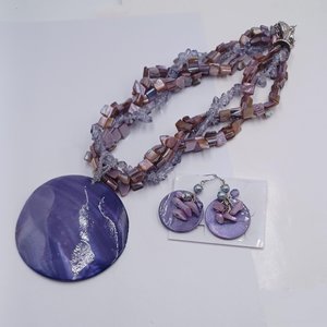 Purple Mother of Pearl Statement Necklace, Bracelet and Dangle Earrings Jewelry Set