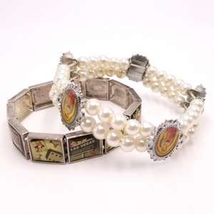 Two Vintage Rockabilly Stretch Bracelets, Faux Pearl and Las Vegas, Retro Bracelets