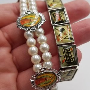 Two Vintage Rockabilly Stretch Bracelets, Faux Pearl and Las Vegas, Retro Bracelets