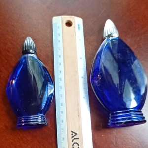 Two Bourjois Cobalt Blue Glass "Evening in Paris" Perfume Bottles with Lids, Vintage