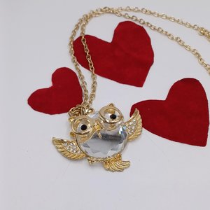 Gold Tone Large Fun Owl Mirror Pendant Necklace