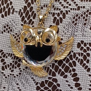 Gold Tone Large Fun Owl Mirror Pendant Necklace