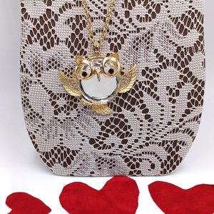 Gold Tone Large Fun Owl Mirror Pendant Necklace