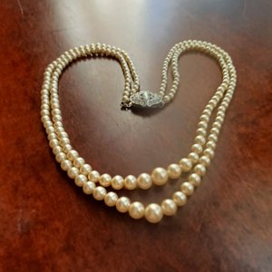 1950's Walker and Hill Dual Faux Pearls with Sterling Rhinestones Clasp Choker Necklace