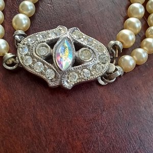1950's Walker and Hill Dual Faux Pearls with Sterling Rhinestones Clasp Choker Necklace