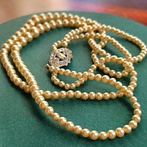 1950's Walker and Hill Dual Faux Pearls with Sterling Rhinestones Clasp Choker Necklace