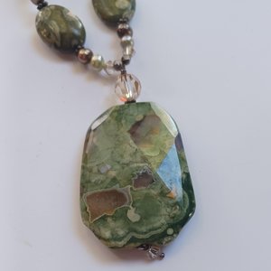 Gorgeous Rhyolite Natural Gemstone Pendant Beaded Necklace, Rainforest Jasper