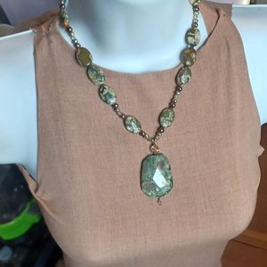 Gorgeous Rhyolite Natural Gemstone Pendant Beaded Necklace, Rainforest Jasper