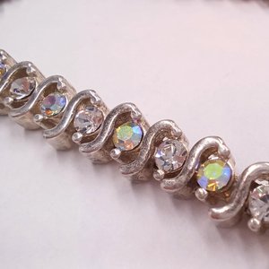 Mid Century Aurora Borealis Rhinestones Silver Tone Tennis Bracelet